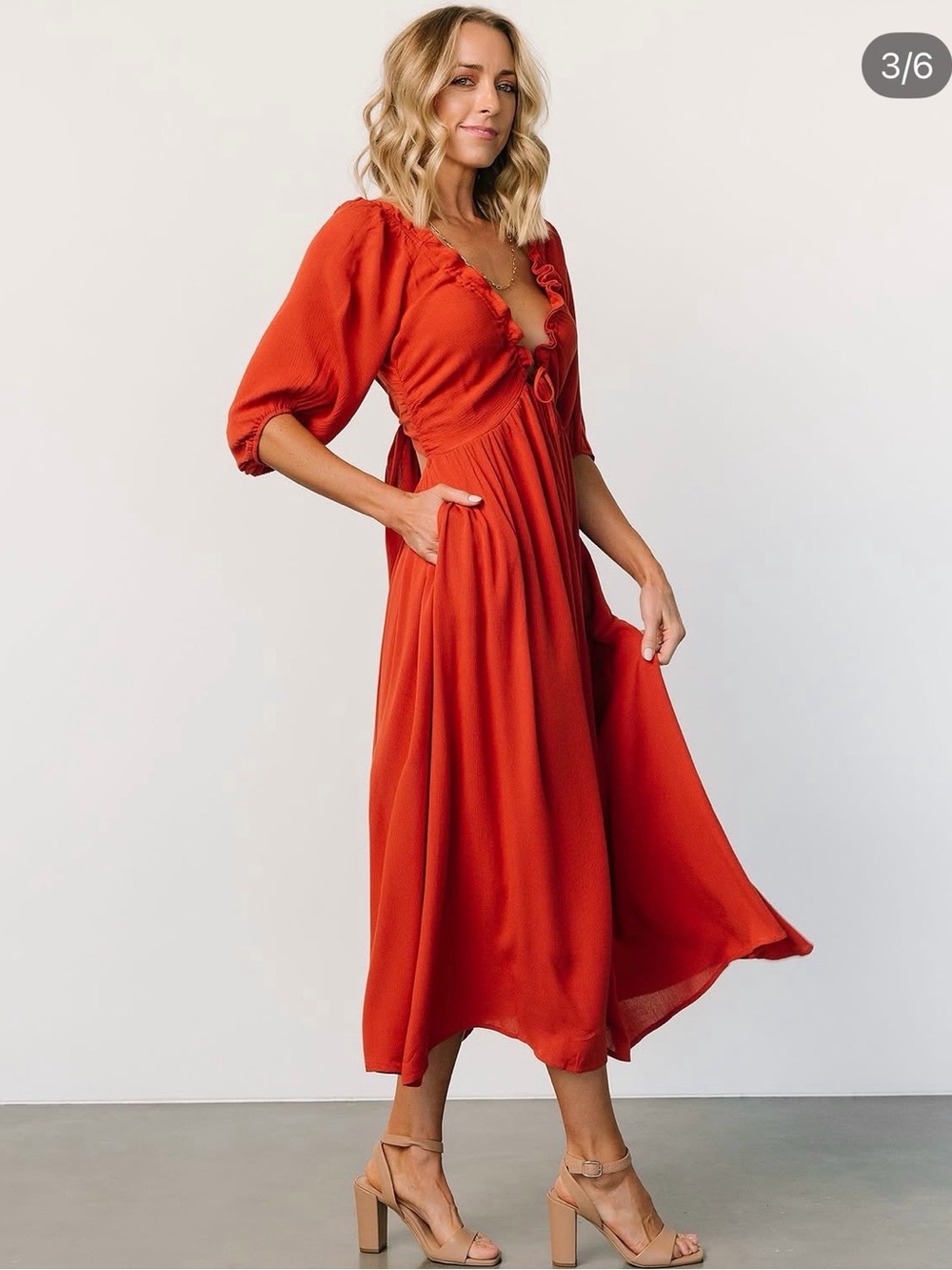 Baltic Born Midi Dress Rust Plunge Tie Front Open Back Flutter Sleeve S